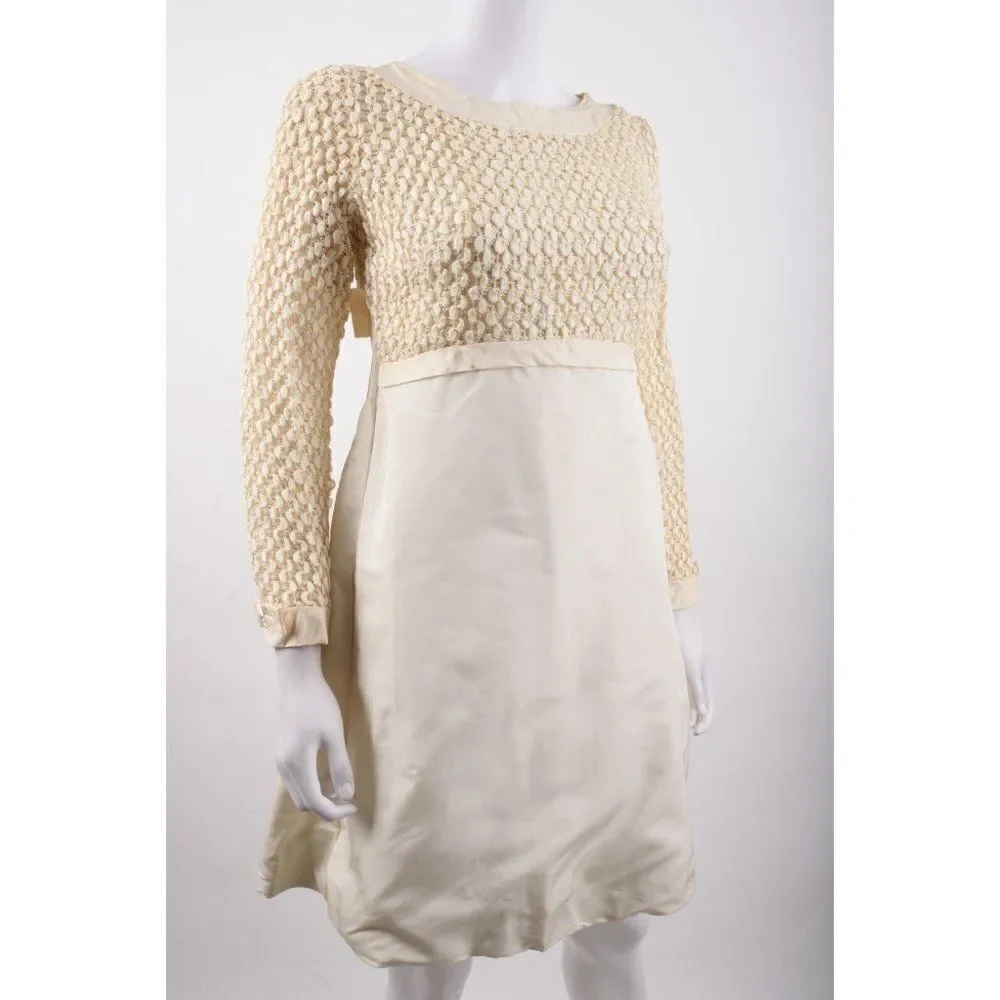 Vintage 1960s Womens Party Dress Beige ecru Popcorn Ribbon Weave Bodice XS S